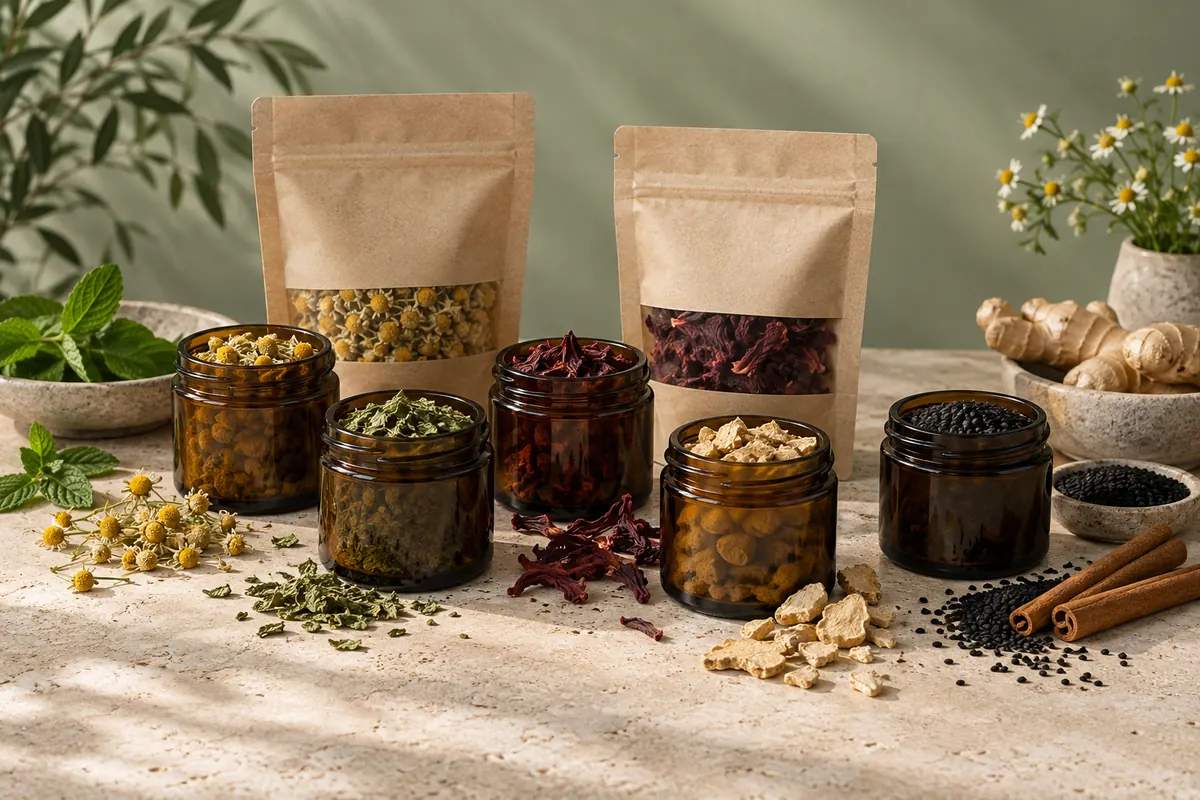 A collection of MK Holistic Clinic herbal tea tins and loose botanicals arranged on a linen cloth