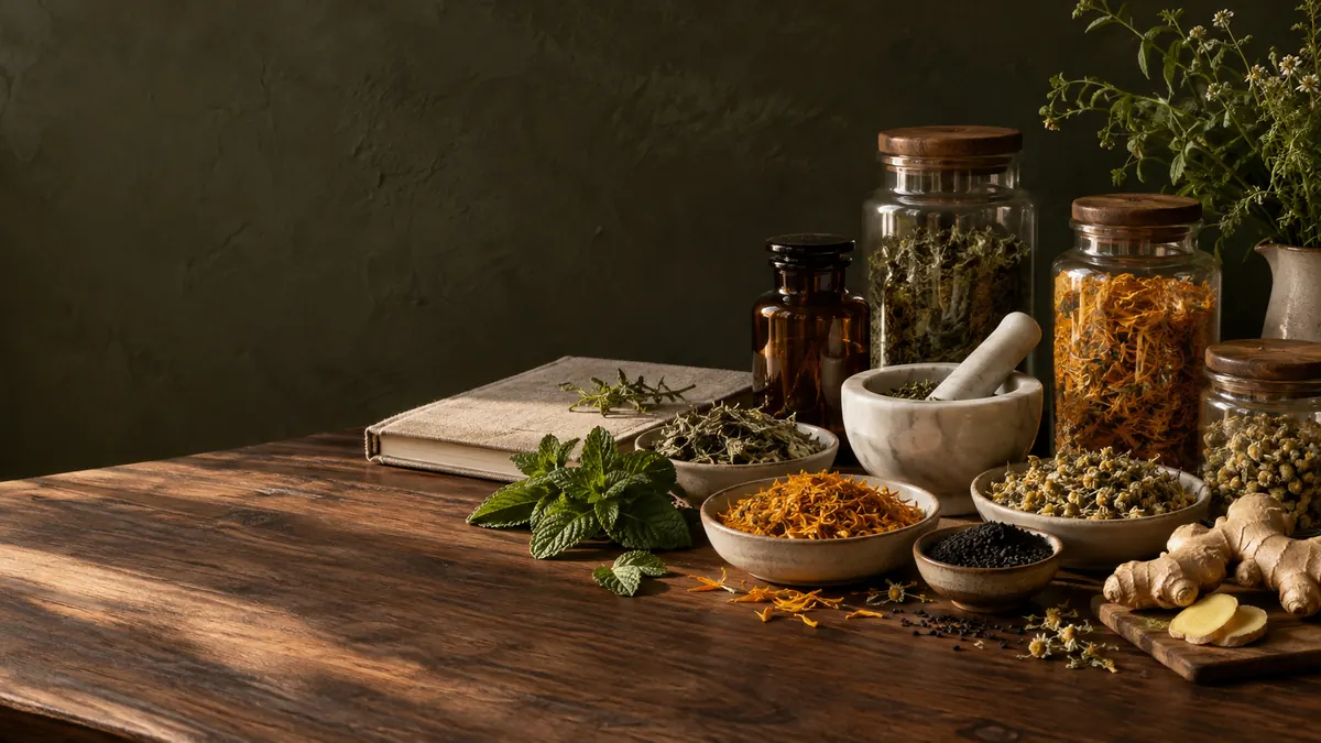 MK Holistic Clinic tea bags resting among loose dried herbs and petals